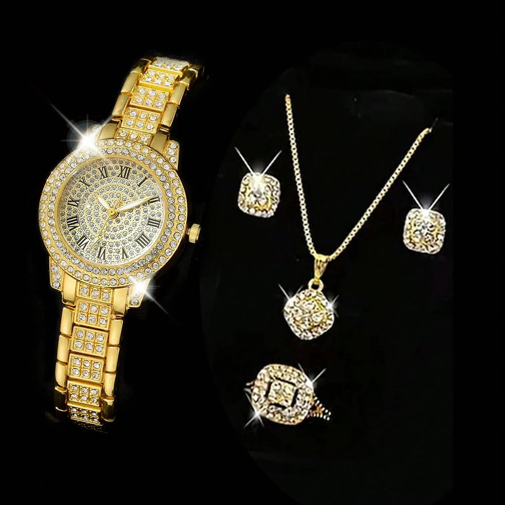 Luxury Women’s Gold Watch – Fashion Quartz Diamond Bracelet Wristwatch Set