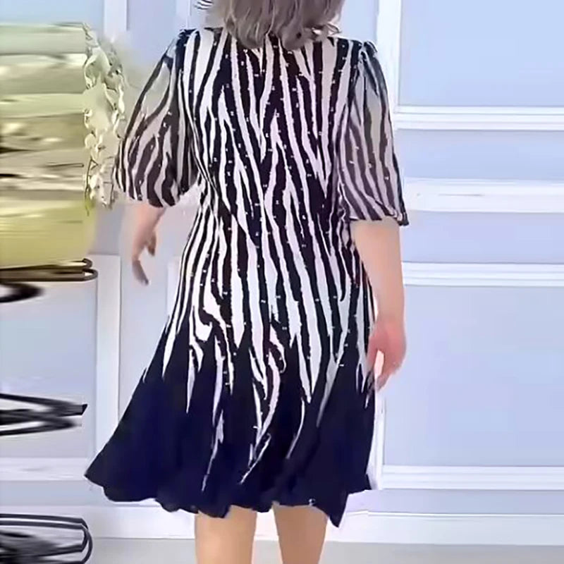 Elegant Blue Vintage Print Summer Dress – Half Sleeve, Plus Size