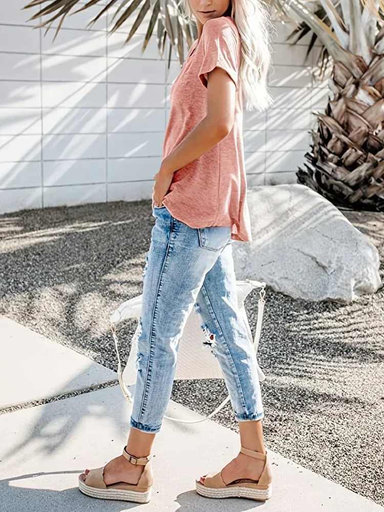 Plus Size V-Neck Pocket T-Shirt – Casual Loose Fit Short Sleeve Top