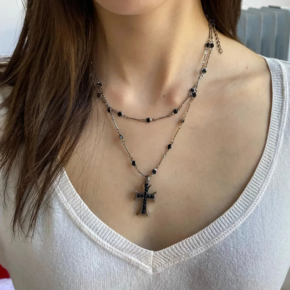 Summer Black Rhinestone Cross Jesus Pendant Choker Necklace