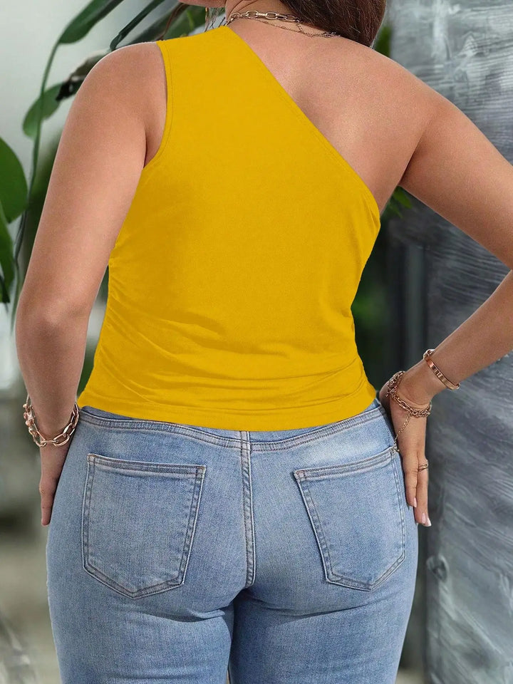 Plus Size One-Shoulder Tank Top – Solid Ruched Asymmetrical Hem Sleeveless Blouse