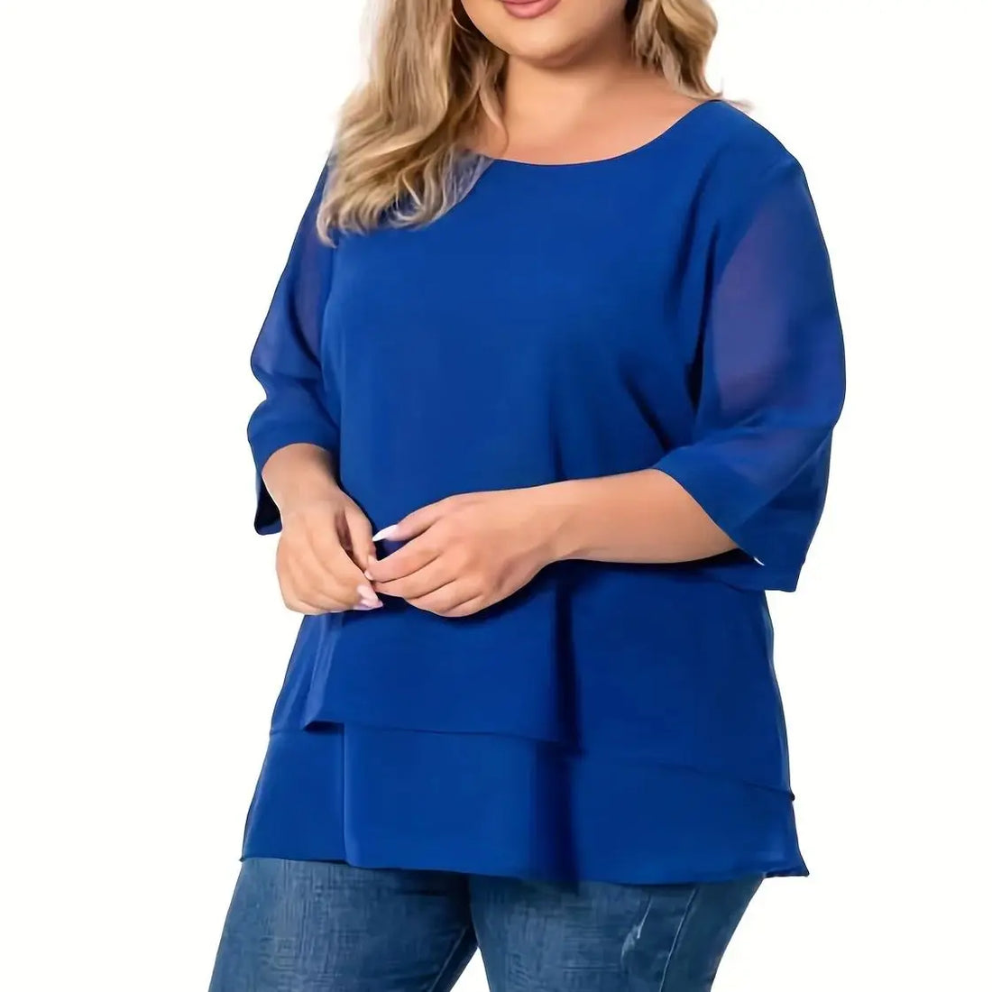 Plus Size Double Layer Chiffon Top – Three-Quarter Sleeve Round Neck