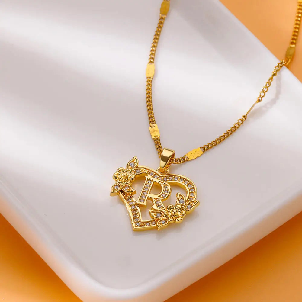 Heart Initial Necklace – A–Z Alphabet Pendant in Gold Stainless Steel