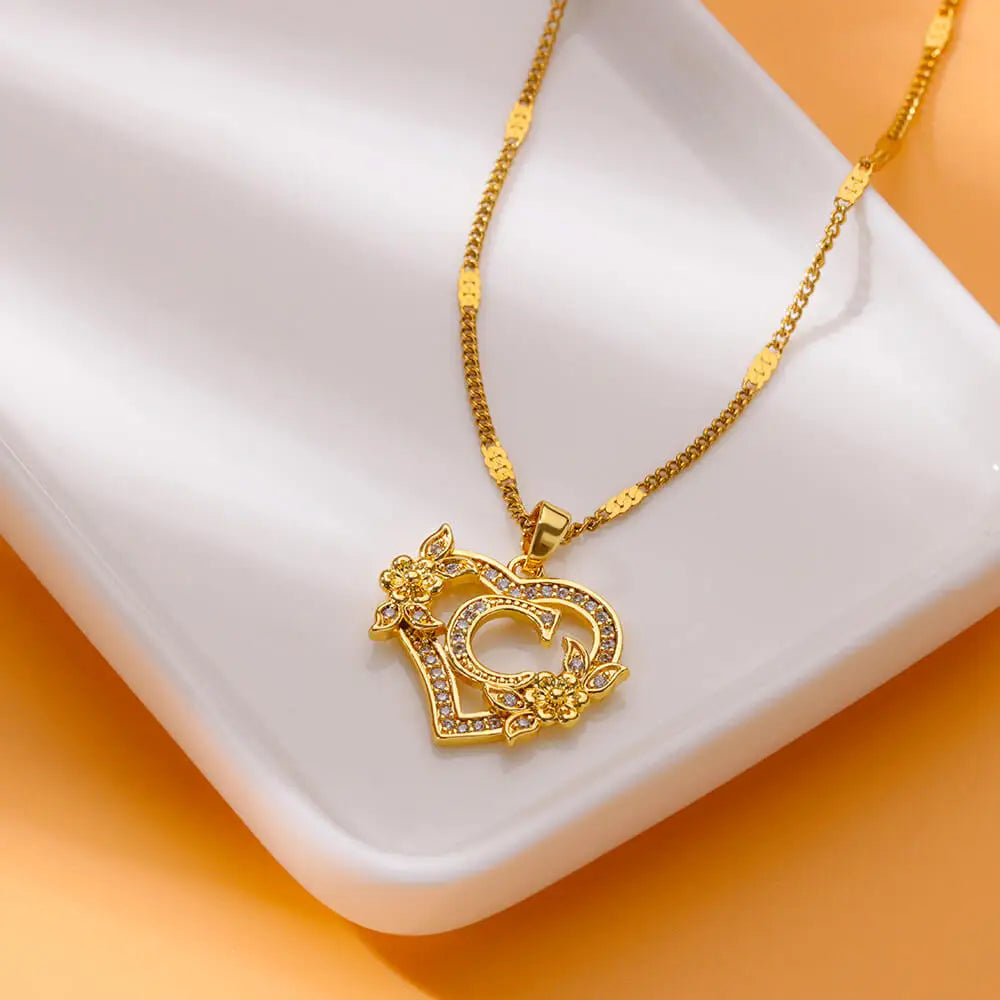 Heart Initial Necklace – A–Z Alphabet Pendant in Gold Stainless Steel