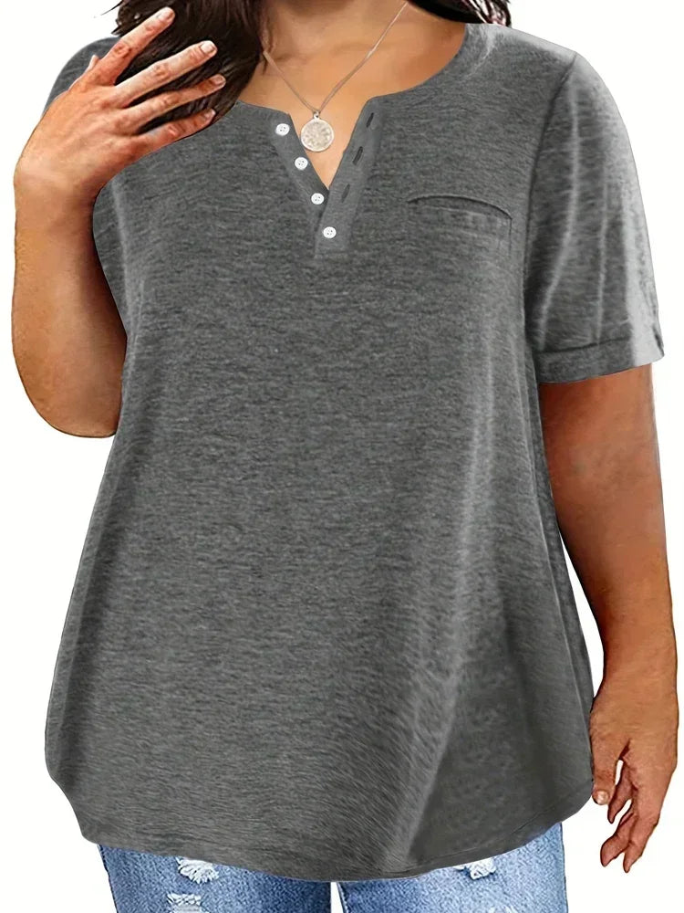 Plus Size V-Neck Pocket T-Shirt – Casual Loose Fit Short Sleeve Top