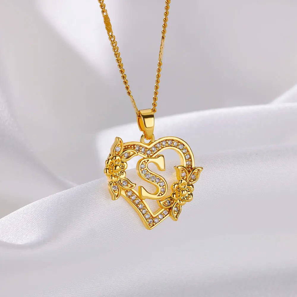 Heart Initial Necklace – A–Z Alphabet Pendant in Gold Stainless Steel