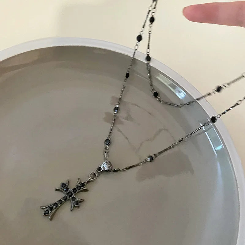 Summer Black Rhinestone Cross Jesus Pendant Choker Necklace