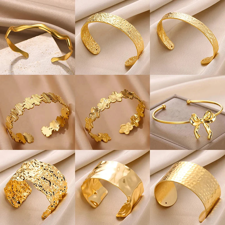 Vintage Floral Cuff Bracelet – Gold Color Stainless Steel Bangle for Women