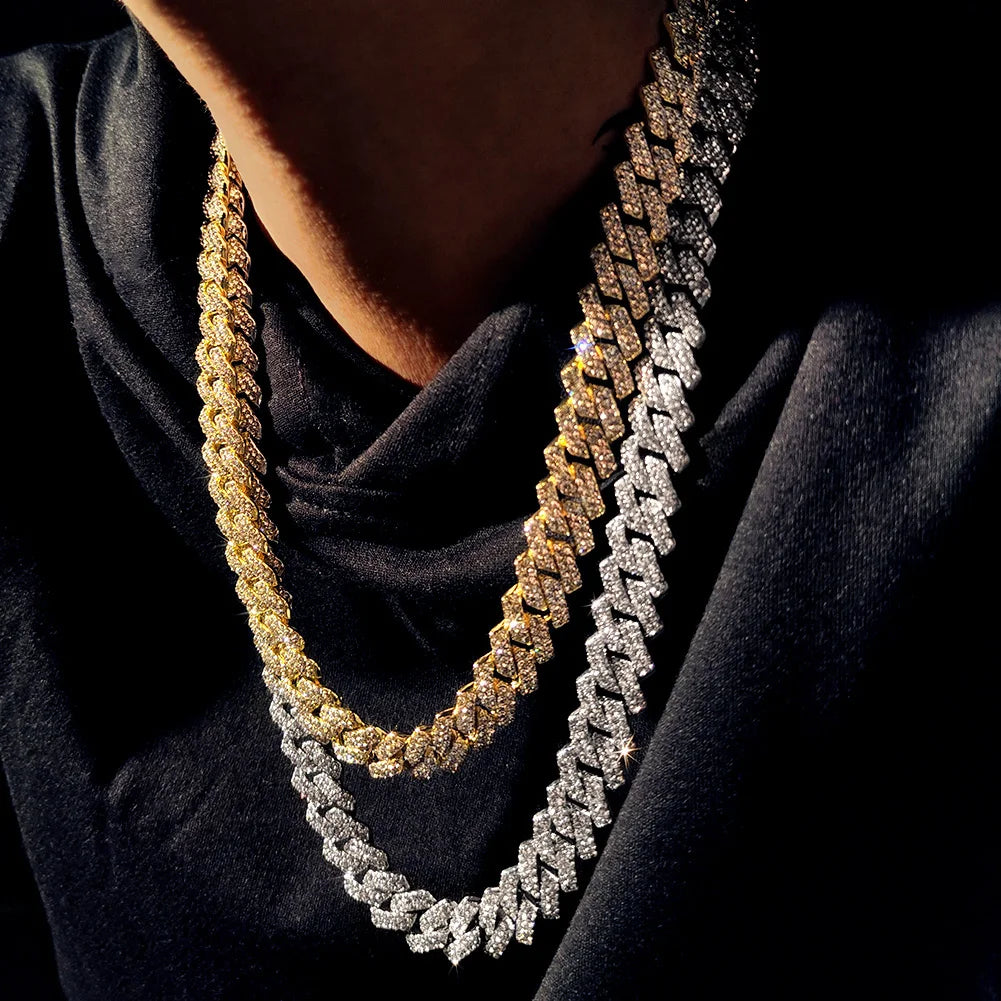 Gold Cuban Link Chain – 2-Row Rhinestone Prong Necklace for Men & Women