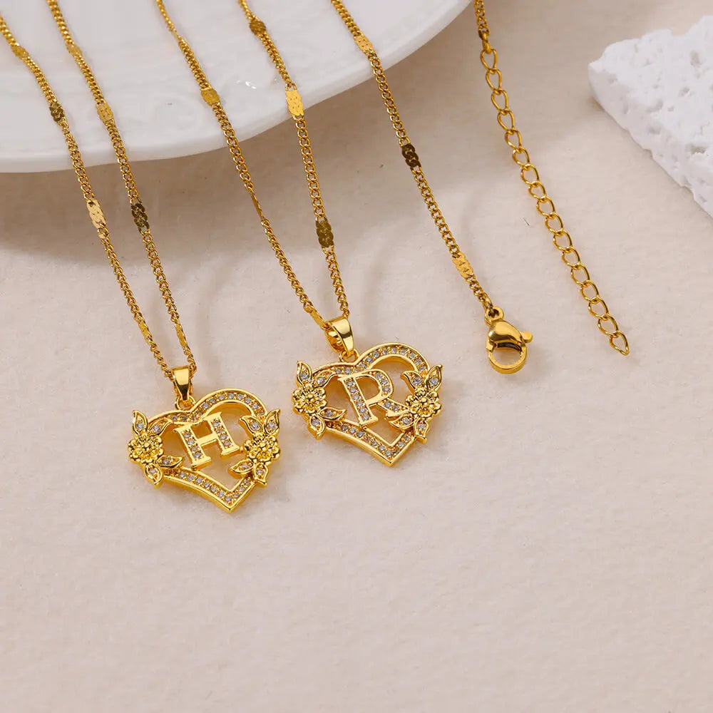 Heart Initial Necklace – A–Z Alphabet Pendant in Gold Stainless Steel