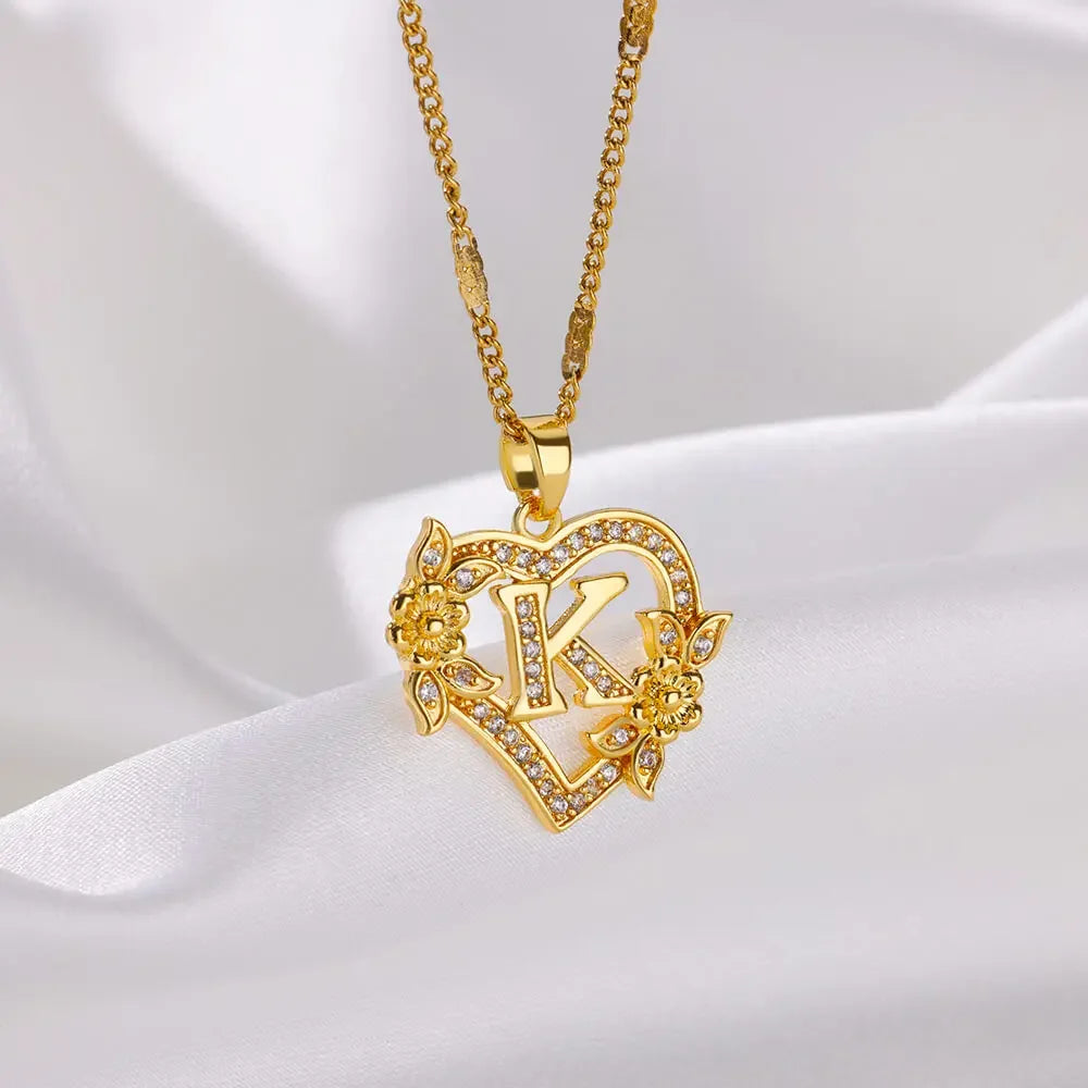 Heart Initial Necklace – A–Z Alphabet Pendant in Gold Stainless Steel