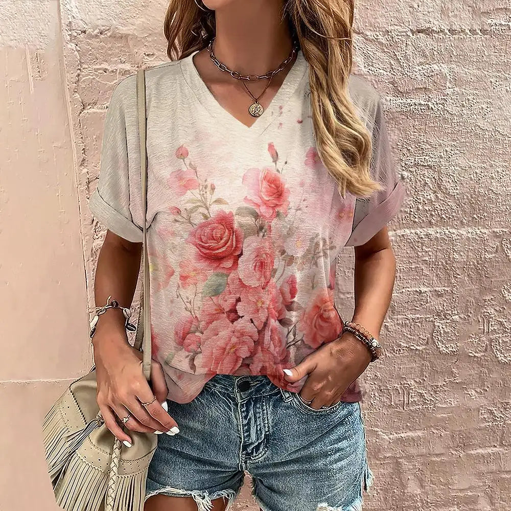 Women’s Summer Flower Print V-Neck T-Shirt