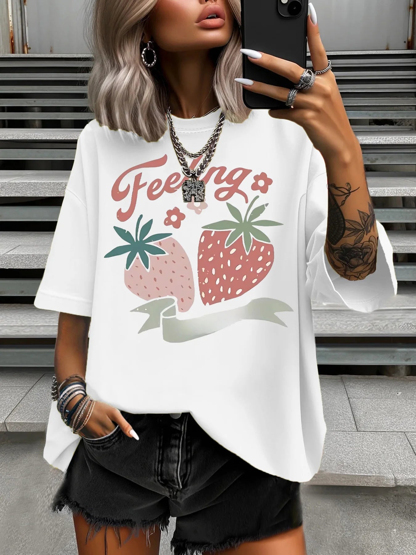 Plus Size Strawberry Print T-Shirt – Women’s Casual Summer Top
