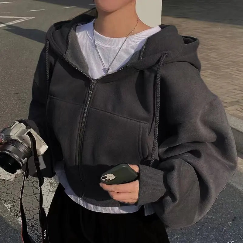 Women’s Zip Up Hoodie – Autumn Winter Casual Streetwear Crop Sweatshirt