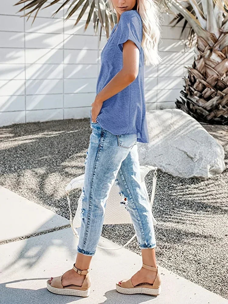 Plus Size V-Neck Pocket T-Shirt – Casual Loose Fit Short Sleeve Top