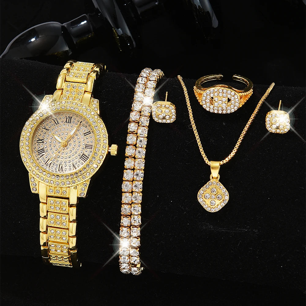 Luxury Women’s Gold Watch – Fashion Quartz Diamond Bracelet Wristwatch Set