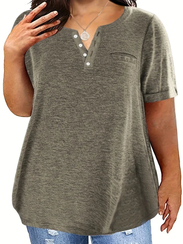 Plus Size V-Neck Pocket T-Shirt – Casual Loose Fit Short Sleeve Top