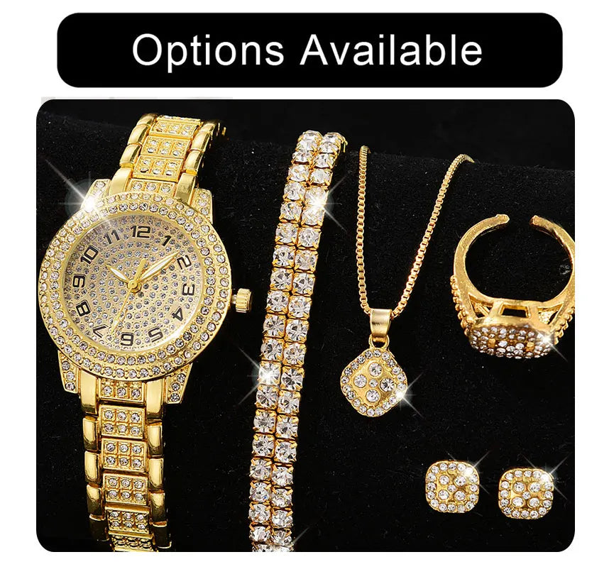 Luxury Women’s Gold Watch – Fashion Quartz Diamond Bracelet Wristwatch Set