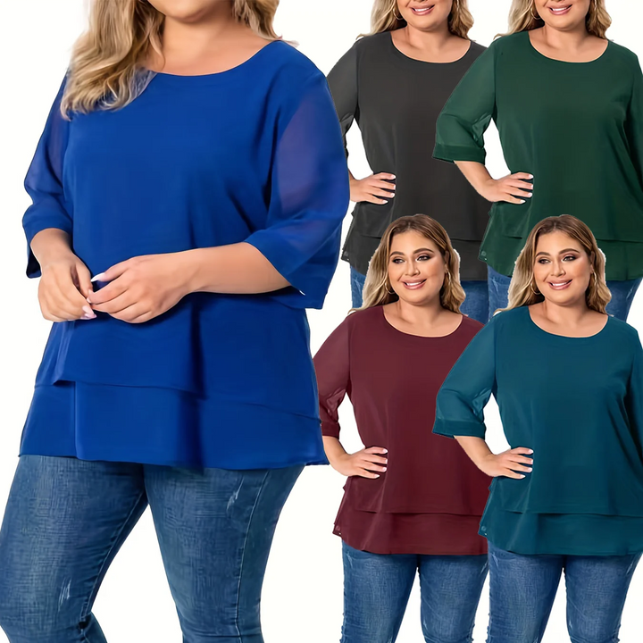 Plus Size Double Layer Chiffon Top – Three-Quarter Sleeve Round Neck