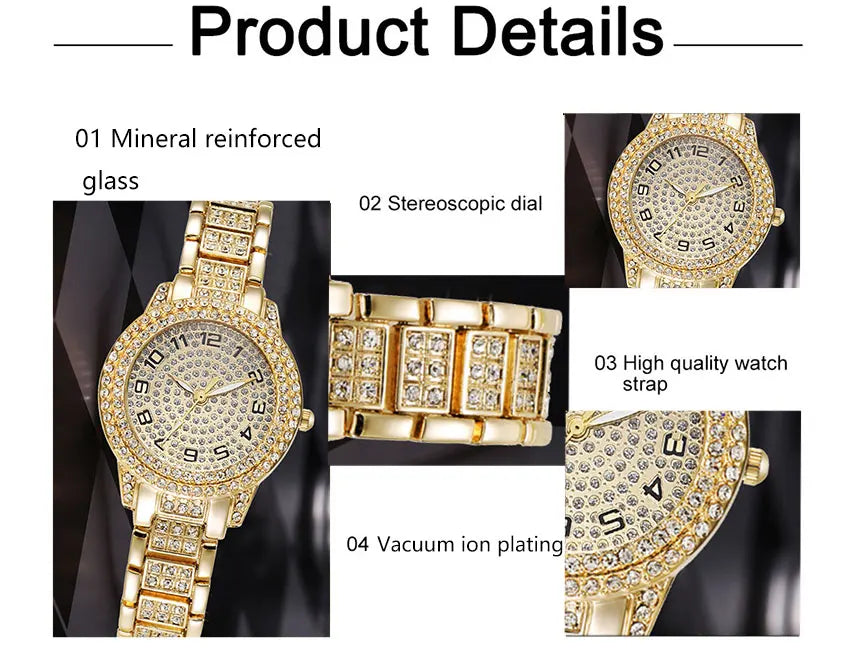 Luxury Women’s Gold Watch – Fashion Quartz Diamond Bracelet Wristwatch Set