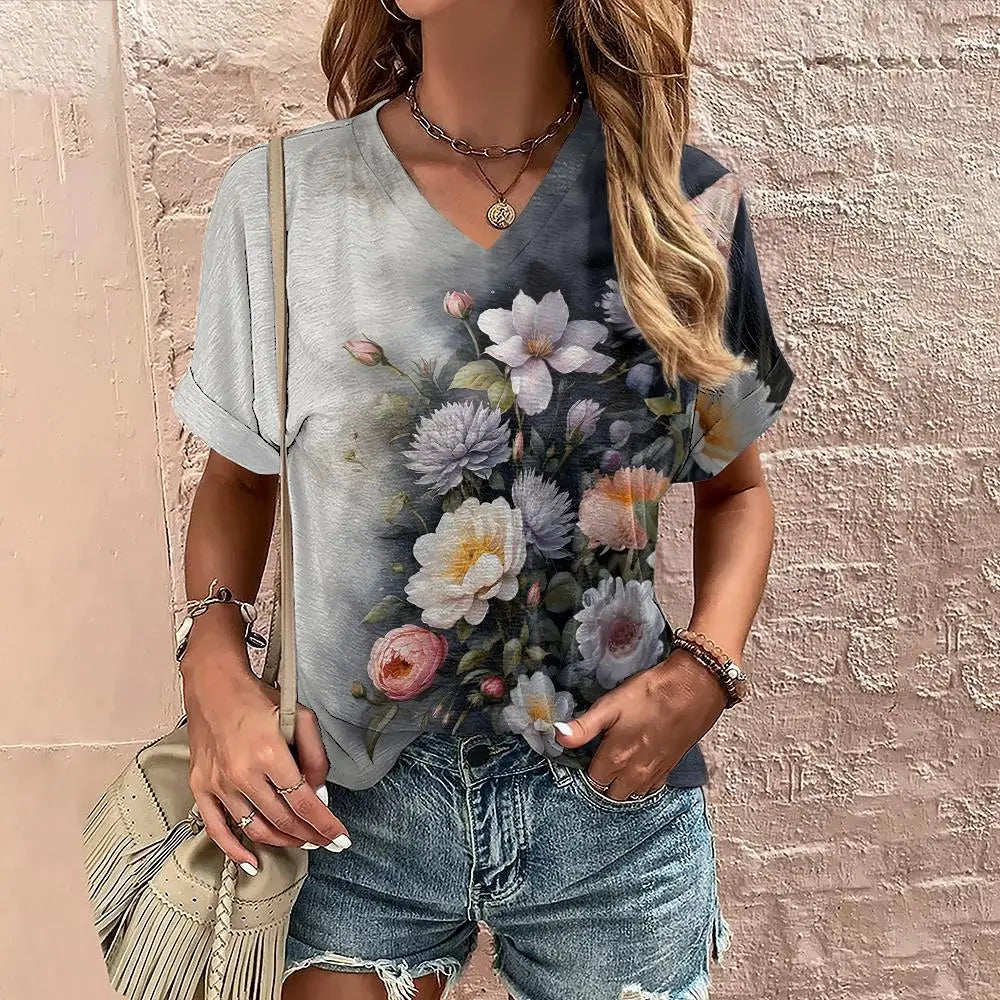 Women’s Summer Flower Print V-Neck T-Shirt