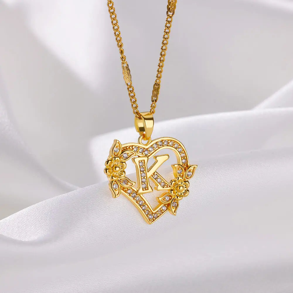 Heart Initial Necklace – A–Z Alphabet Pendant in Gold Stainless Steel