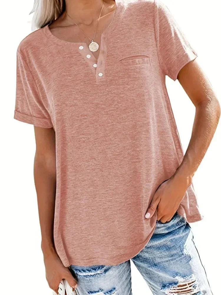 Plus Size V-Neck Pocket T-Shirt – Casual Loose Fit Short Sleeve Top