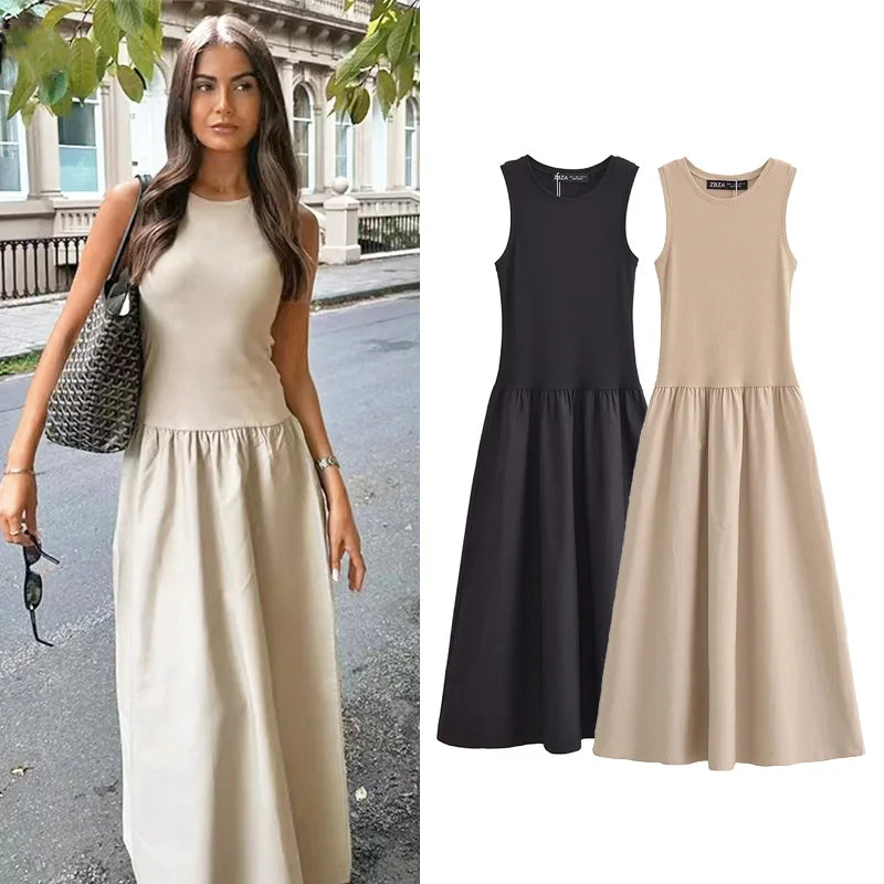HXAO Khaki Elegant Long Dress