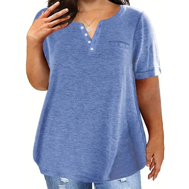 Plus Size V-Neck Pocket T-Shirt – Casual Loose Fit Short Sleeve Top