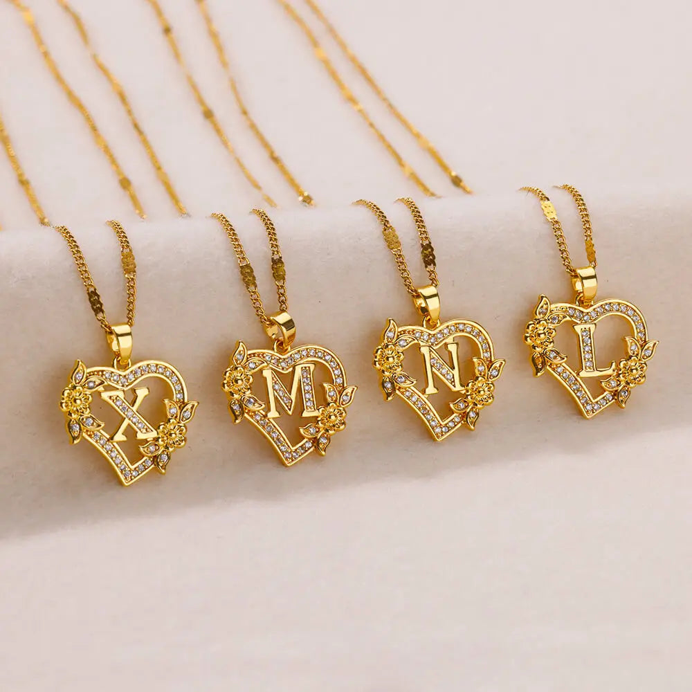 Heart Initial Necklace – A–Z Alphabet Pendant in Gold Stainless Steel