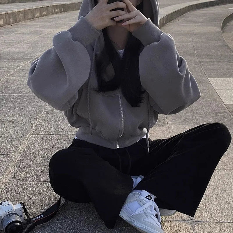 Women’s Zip Up Hoodie – Autumn Winter Casual Streetwear Crop Sweatshirt