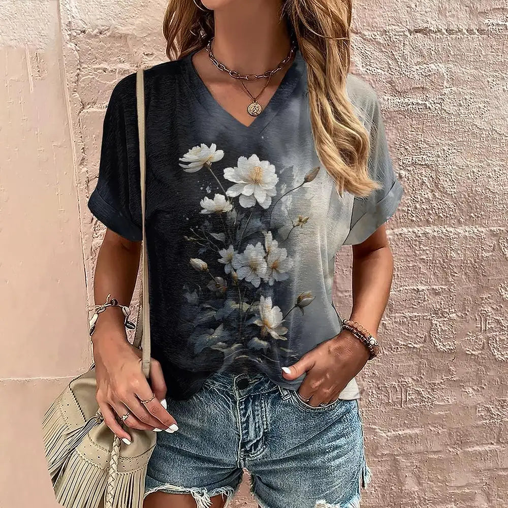 Women’s Summer Flower Print V-Neck T-Shirt