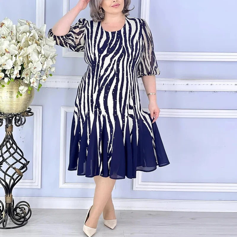 Elegant Blue Vintage Print Summer Dress – Half Sleeve, Plus Size