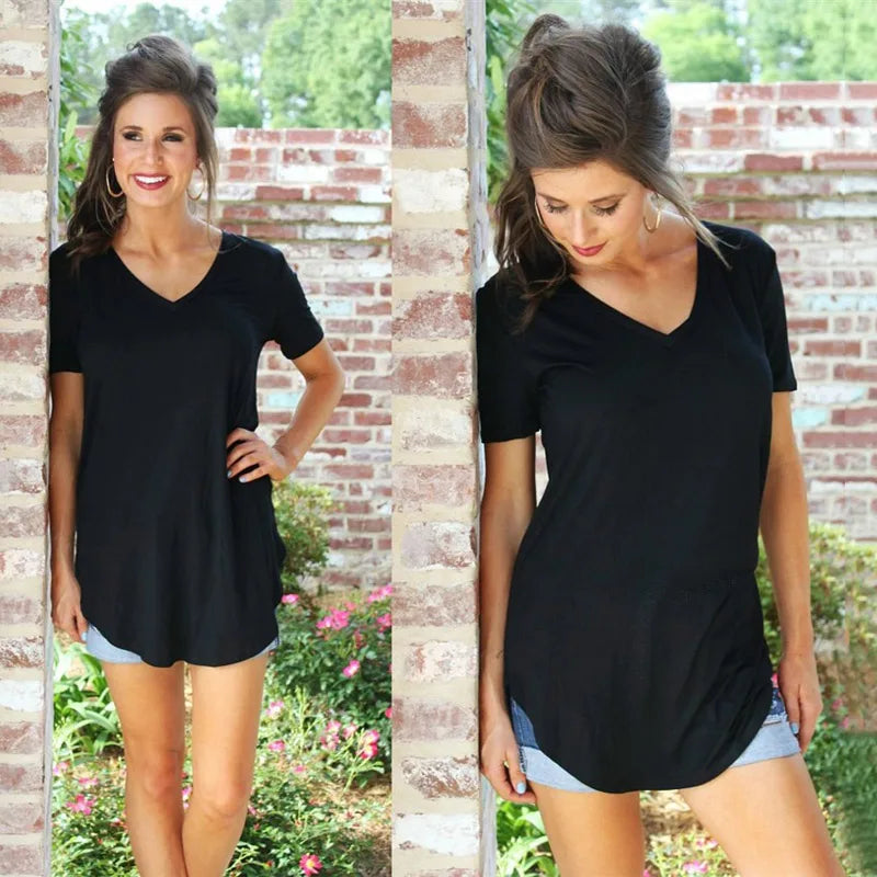Women’s Summer Solid Color V-Neck Blouse