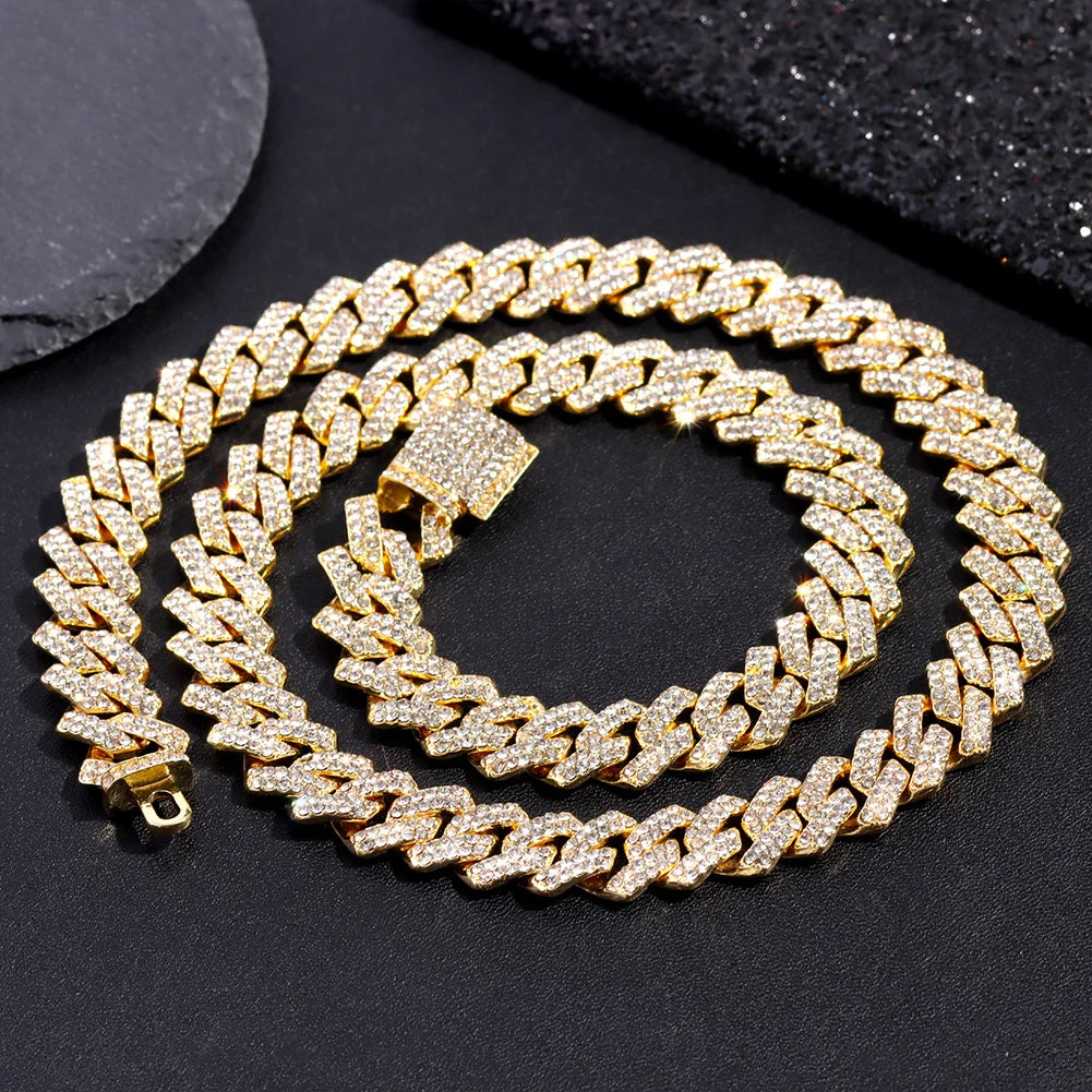 Gold Cuban Link Chain – 2-Row Rhinestone Prong Necklace for Men & Women