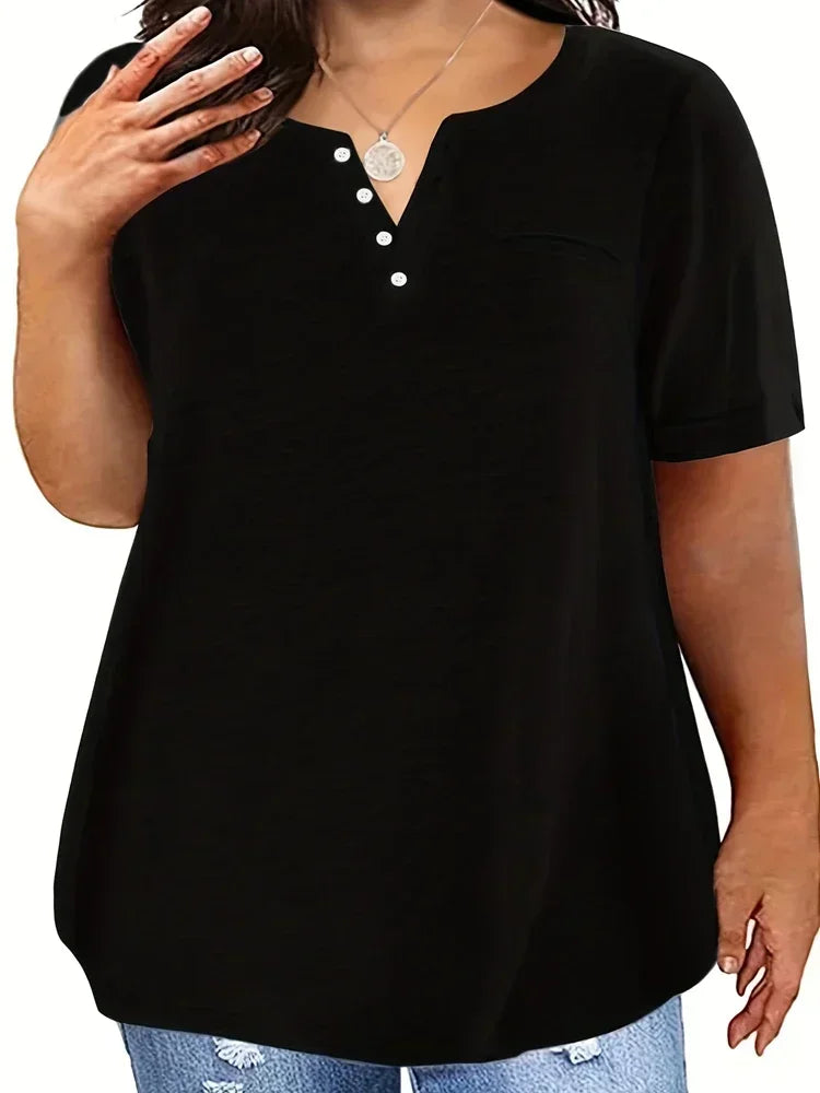 Plus Size V-Neck Pocket T-Shirt – Casual Loose Fit Short Sleeve Top