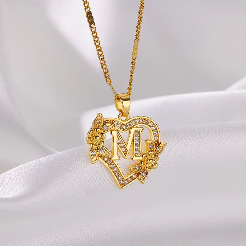 Heart Initial Necklace – A–Z Alphabet Pendant in Gold Stainless Steel