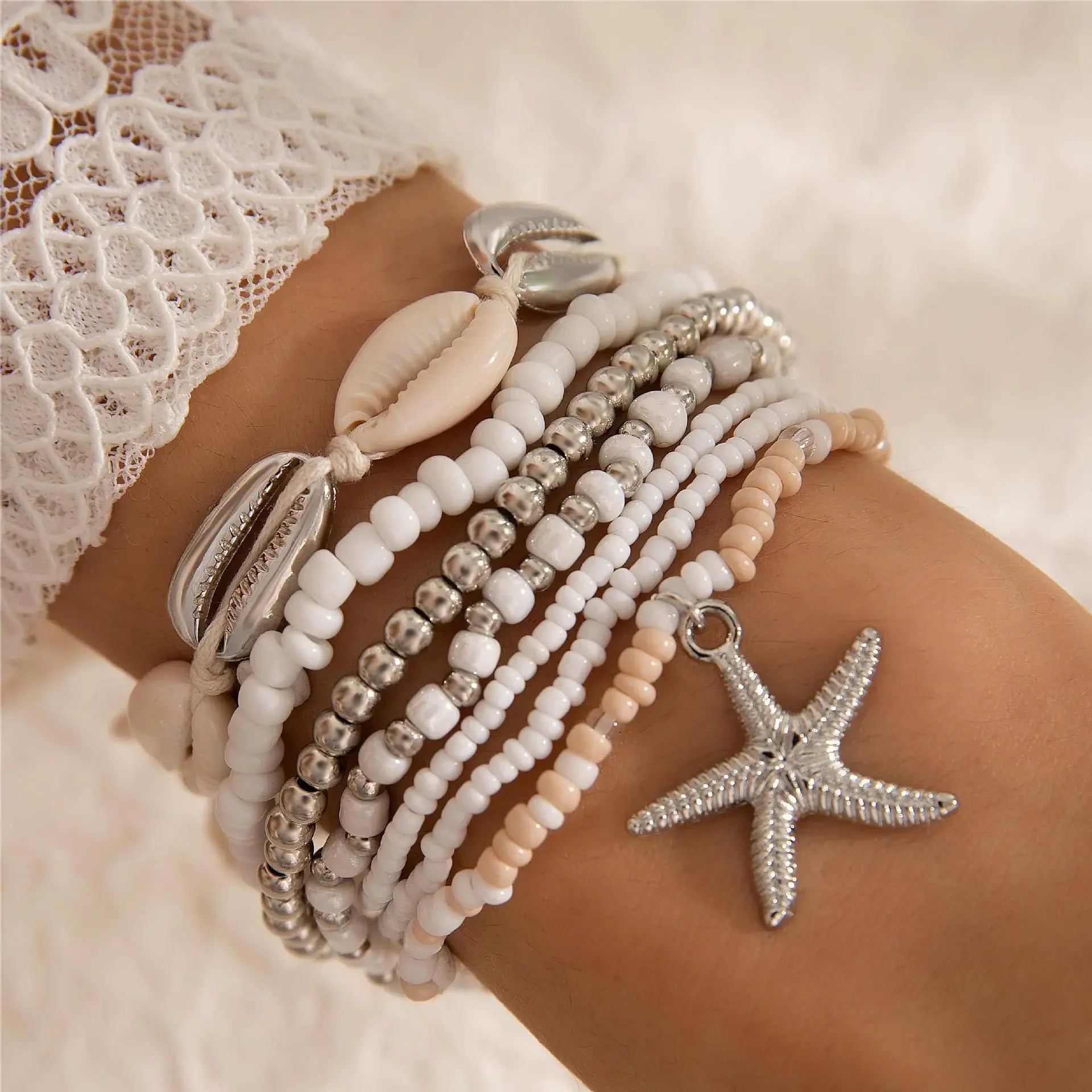 7Pcs Boho Starfish & Shell Beaded Bracelet Set for Women