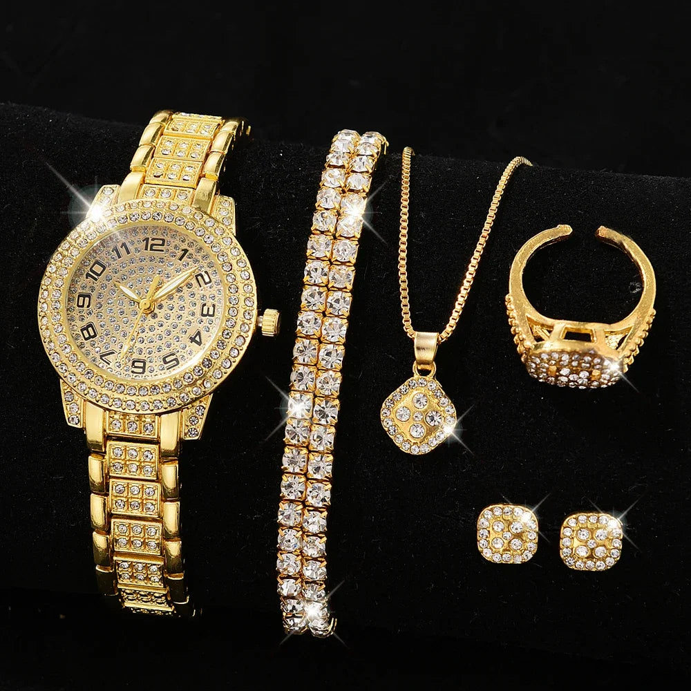 Luxury Women’s Gold Watch – Fashion Quartz Diamond Bracelet Wristwatch Set