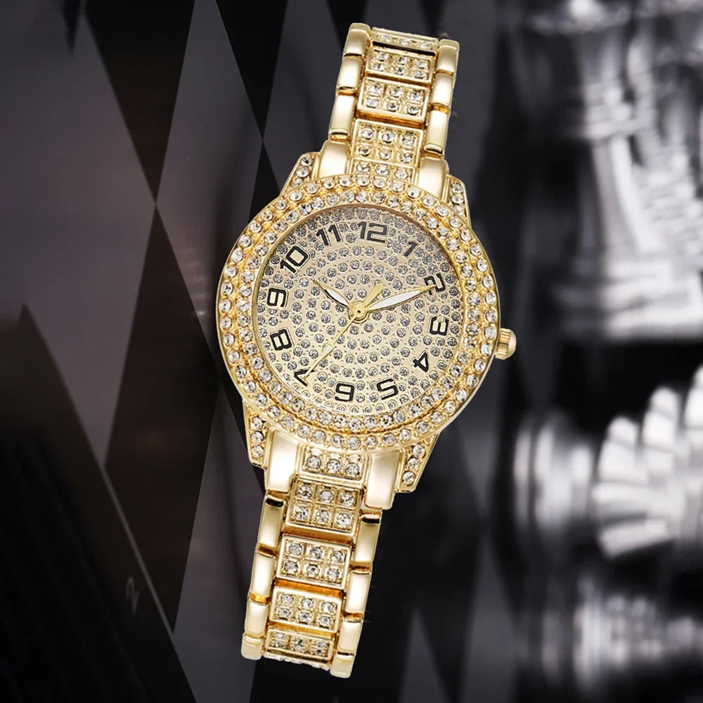 Luxury Women’s Gold Watch – Fashion Quartz Diamond Bracelet Wristwatch Set