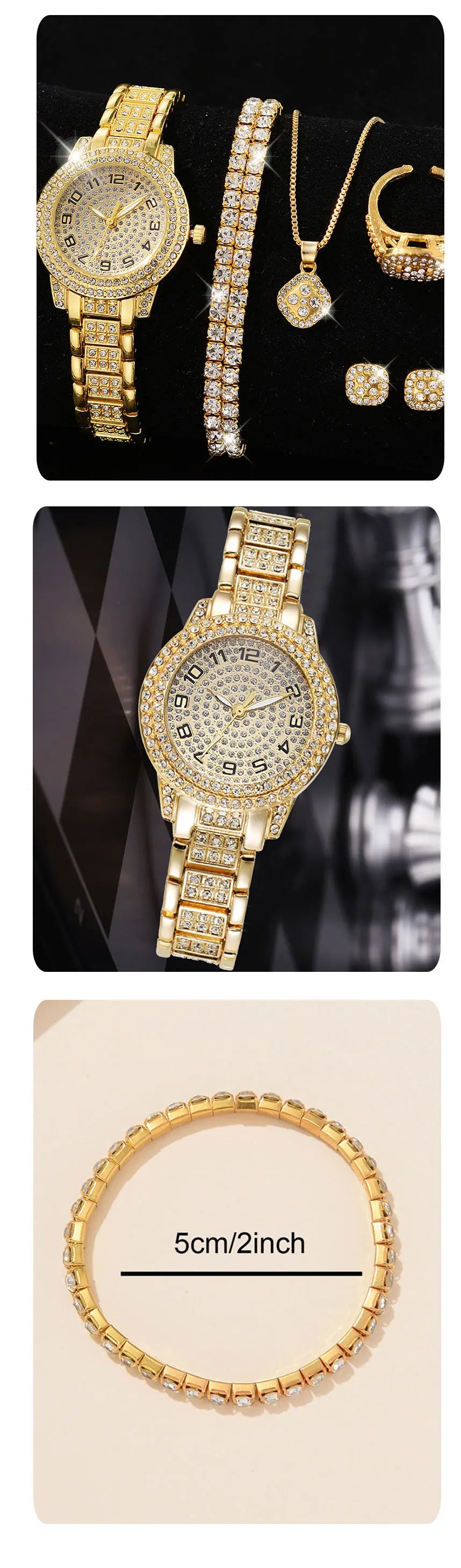 Luxury Women’s Gold Watch – Fashion Quartz Diamond Bracelet Wristwatch Set