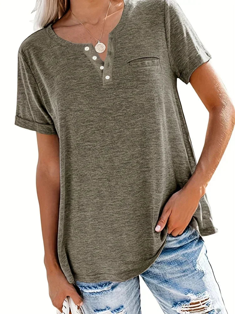 Plus Size V-Neck Pocket T-Shirt – Casual Loose Fit Short Sleeve Top