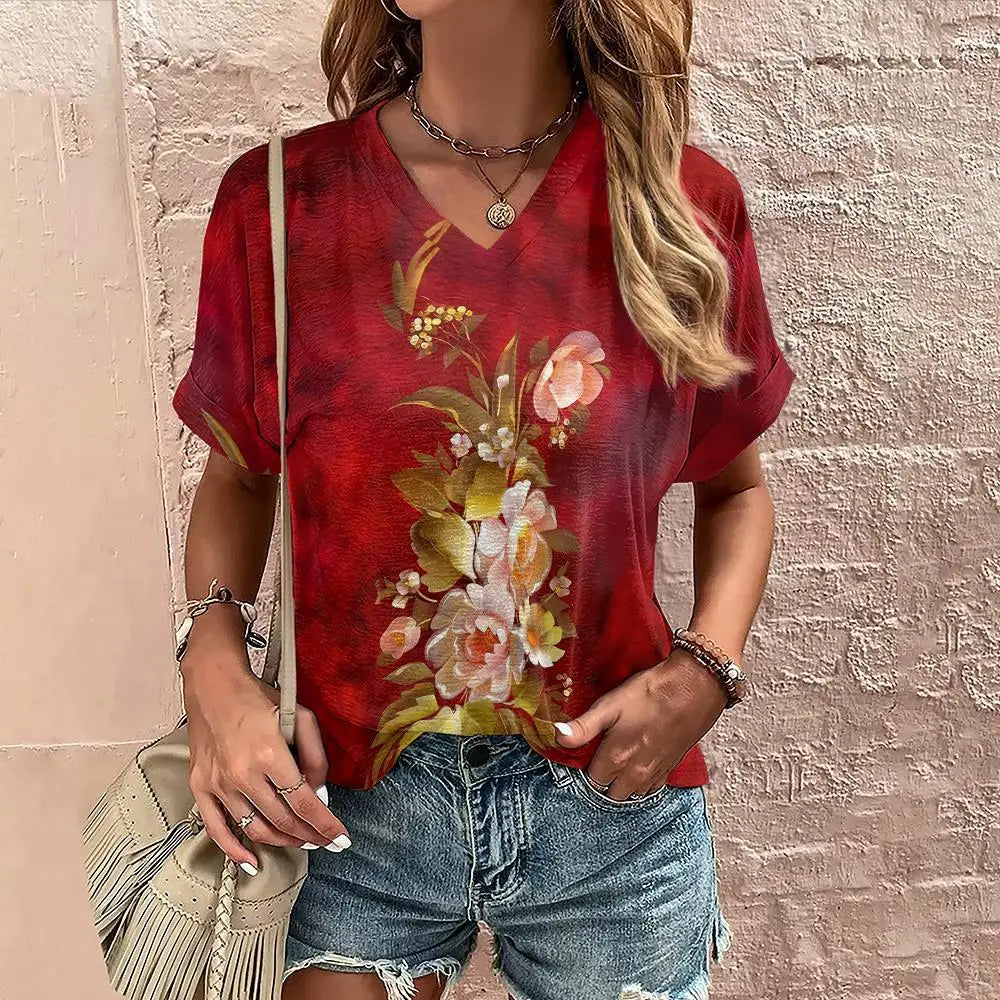 Women’s Summer Flower Print V-Neck T-Shirt