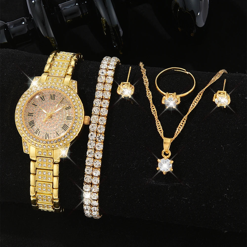 Luxury Women’s Gold Watch – Fashion Quartz Diamond Bracelet Wristwatch Set