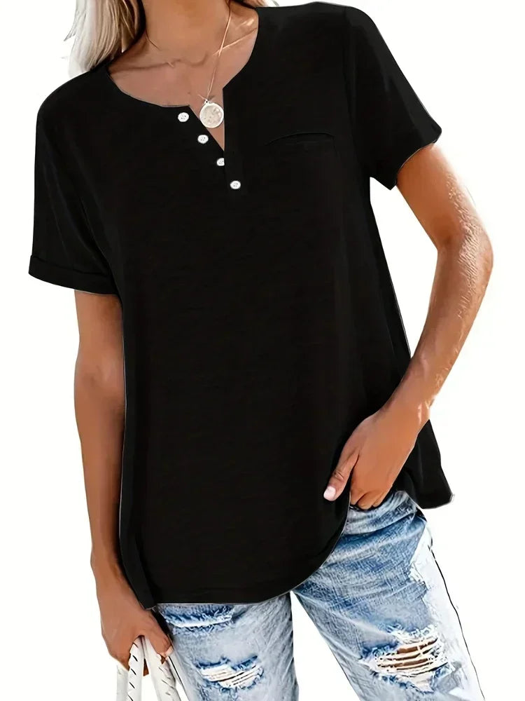 Plus Size V-Neck Pocket T-Shirt – Casual Loose Fit Short Sleeve Top