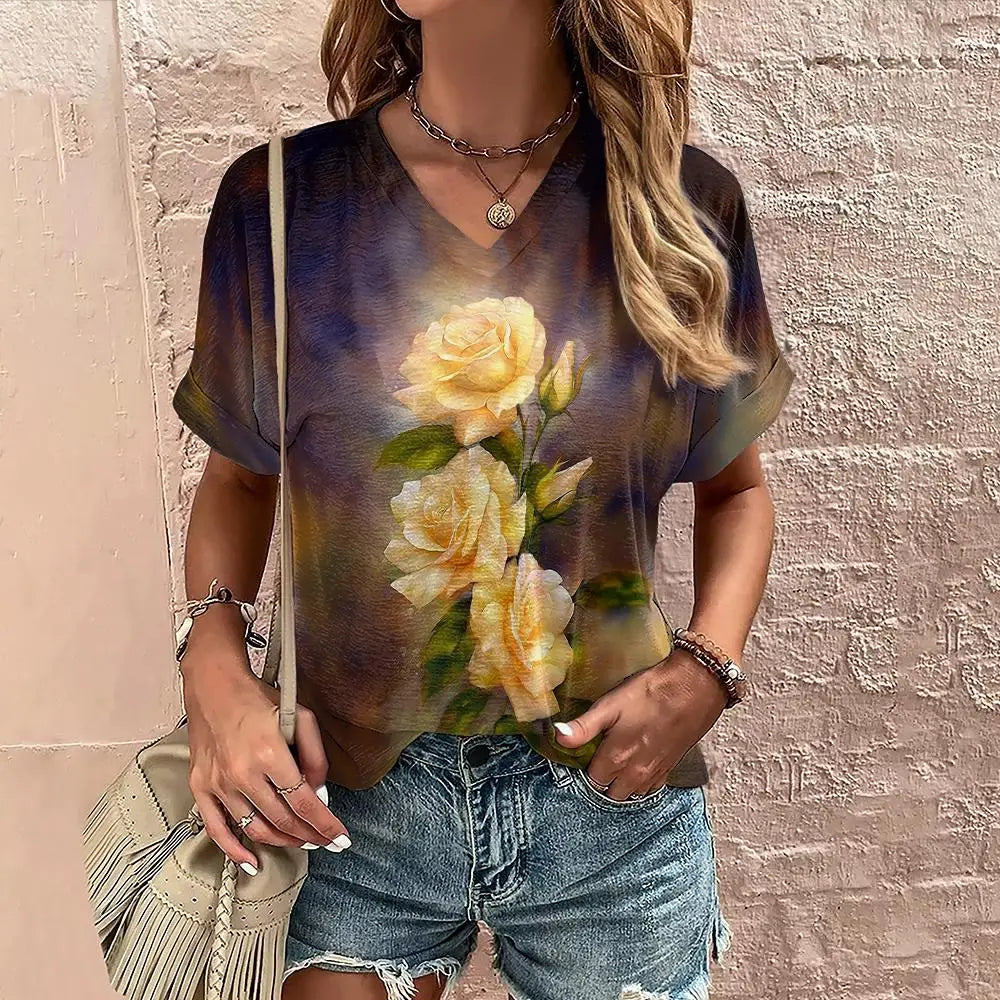 Women’s Summer Flower Print V-Neck T-Shirt