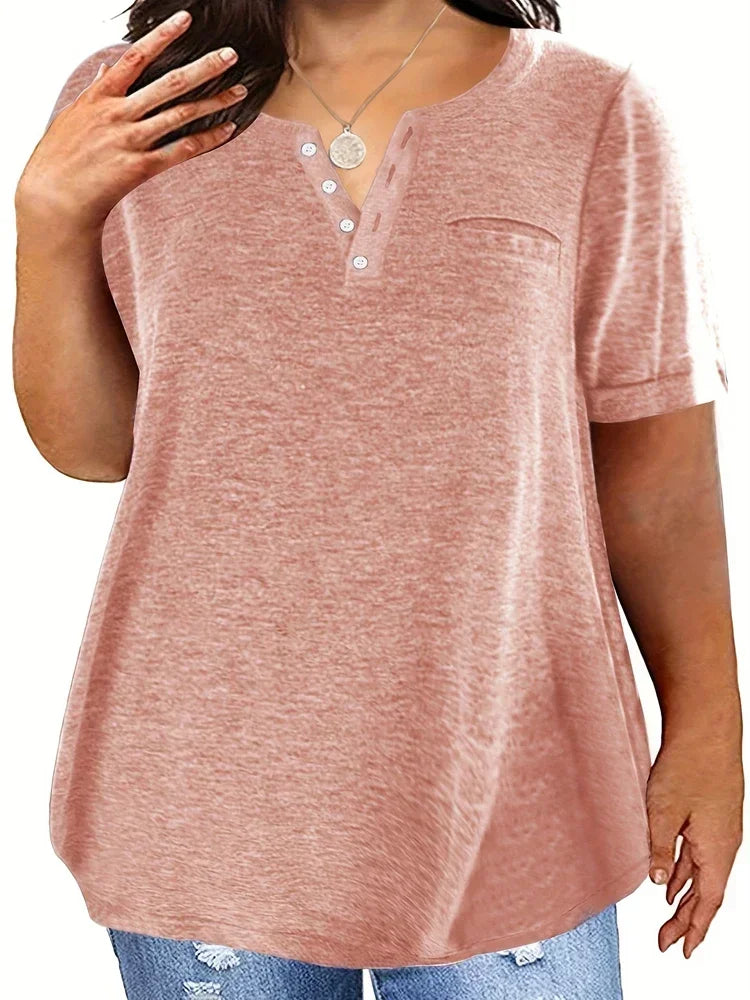 Plus Size V-Neck Pocket T-Shirt – Casual Loose Fit Short Sleeve Top