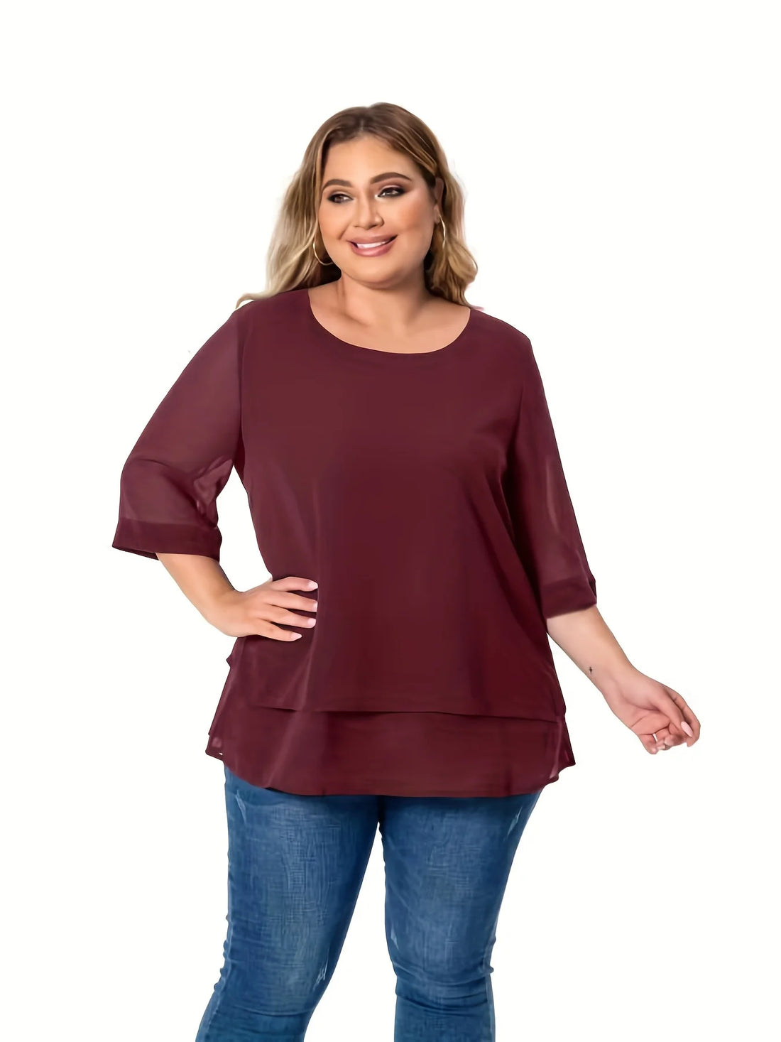 Plus Size Double Layer Chiffon Top – Three-Quarter Sleeve Round Neck