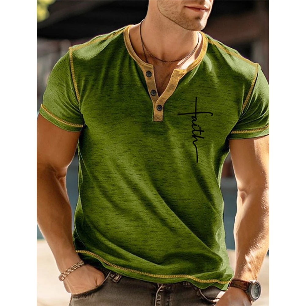 Men’s Summer Faith Letter 3D Print Henley Shirt