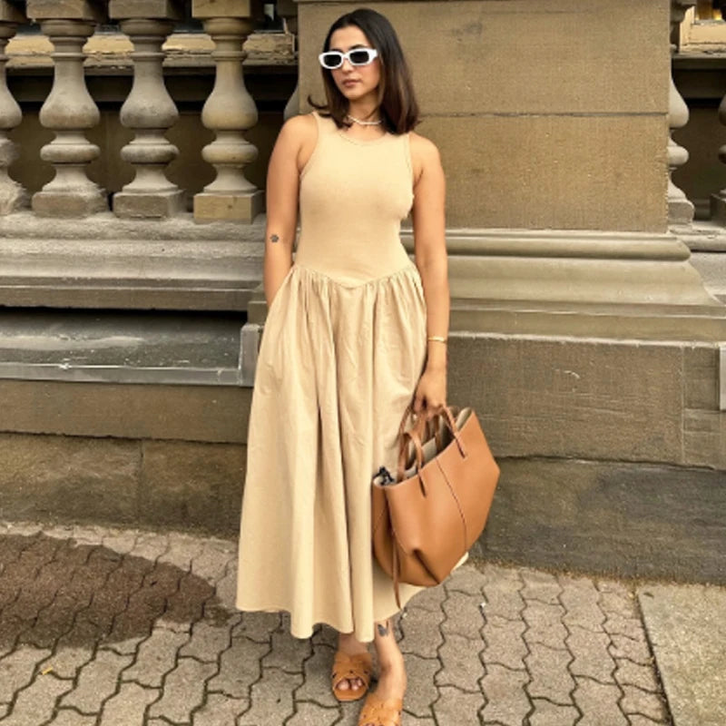 HXAO Khaki Elegant Long Dress